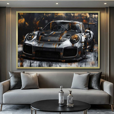 soggiorno con appeso quadro porsche 911 gt3 rs oro nero argento